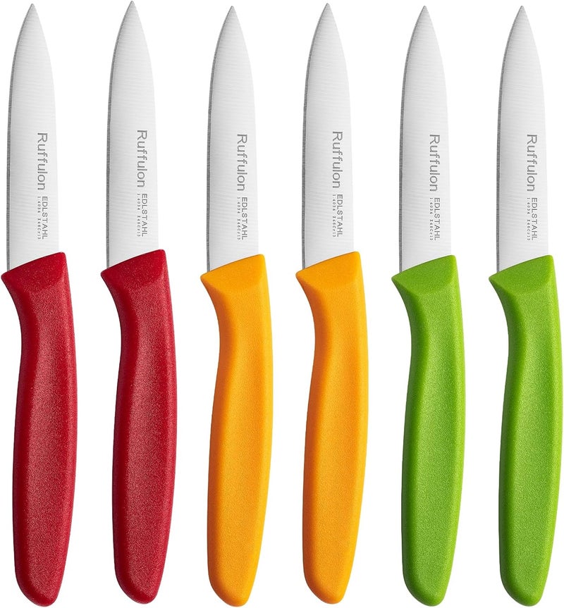 Ruffulon Paring Knife Fruit Knife Set (6 Pieces), Ultra Sharp Stainless Steel Vegetable and Fruit Knife with PP Plastic Ergonomic Handle for Cutting Fruits and Vegetables,Red/Orange/Green - Image 1